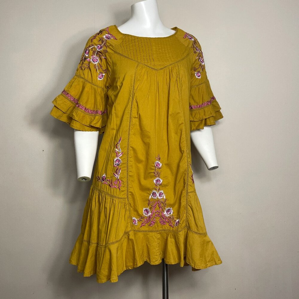 Free People Pavlo Cotton Embroidered Dress Sz Small Ruffle Yellow Gold Babydoll
